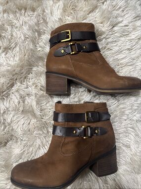 Franco Sarto Cognac Suede Ankle Boots with Black Strap Accents